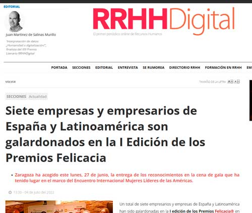 Artículo en RRHH Digital sobre la Iª Edición de los Premios Felicacia